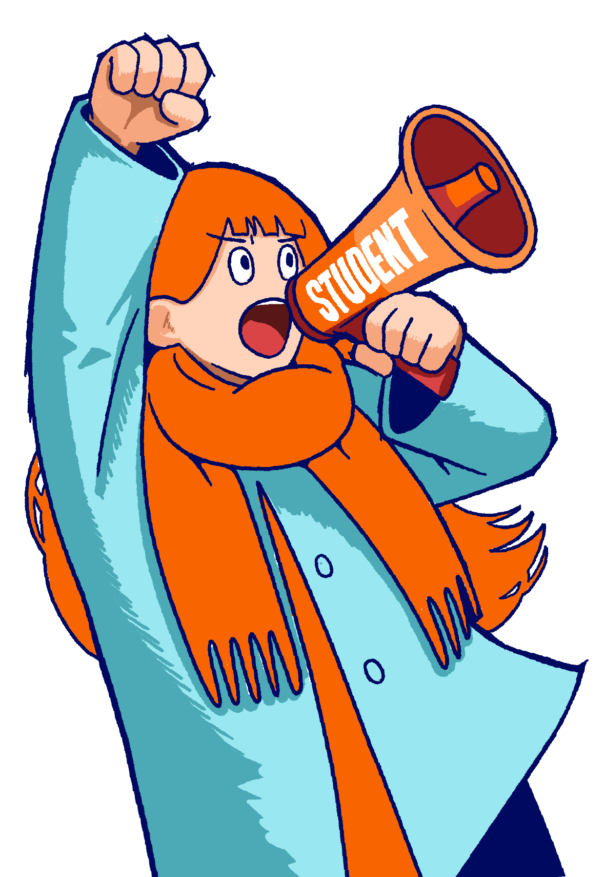 ”拳を振り上げてメガホンで扇動する女の子”