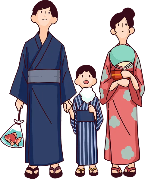夏祭りにやってきた家族のイラスト